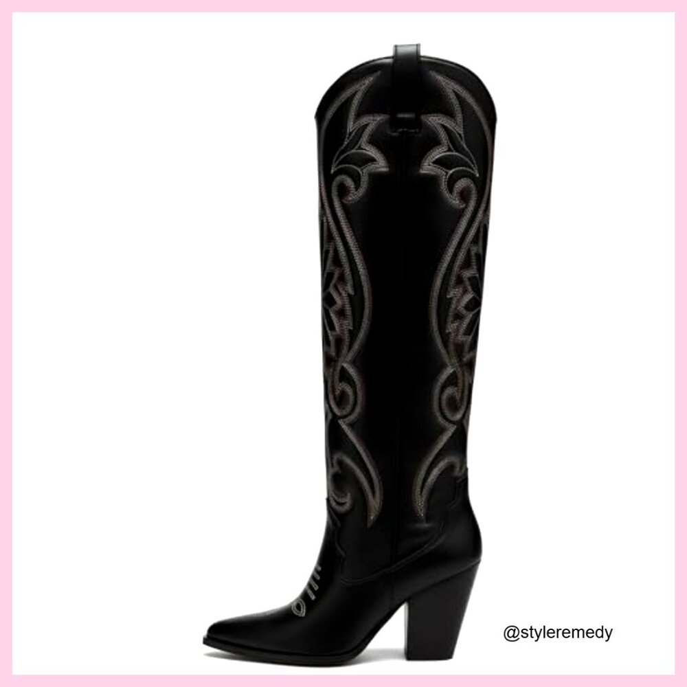 Knee High Cowgirl Boots with Embroidered Chunky Heel Western Tall Boots - Picture 5 of 7